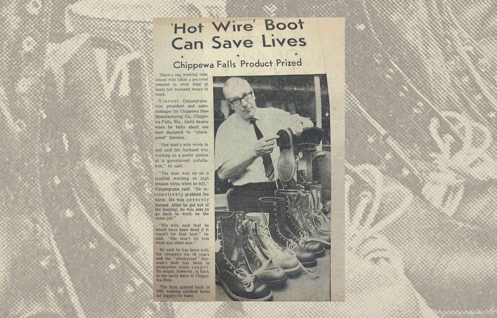 Article from March 17, 1968 outlining how a pair of “Hot Wire” Chippewa Boots helps save lives.